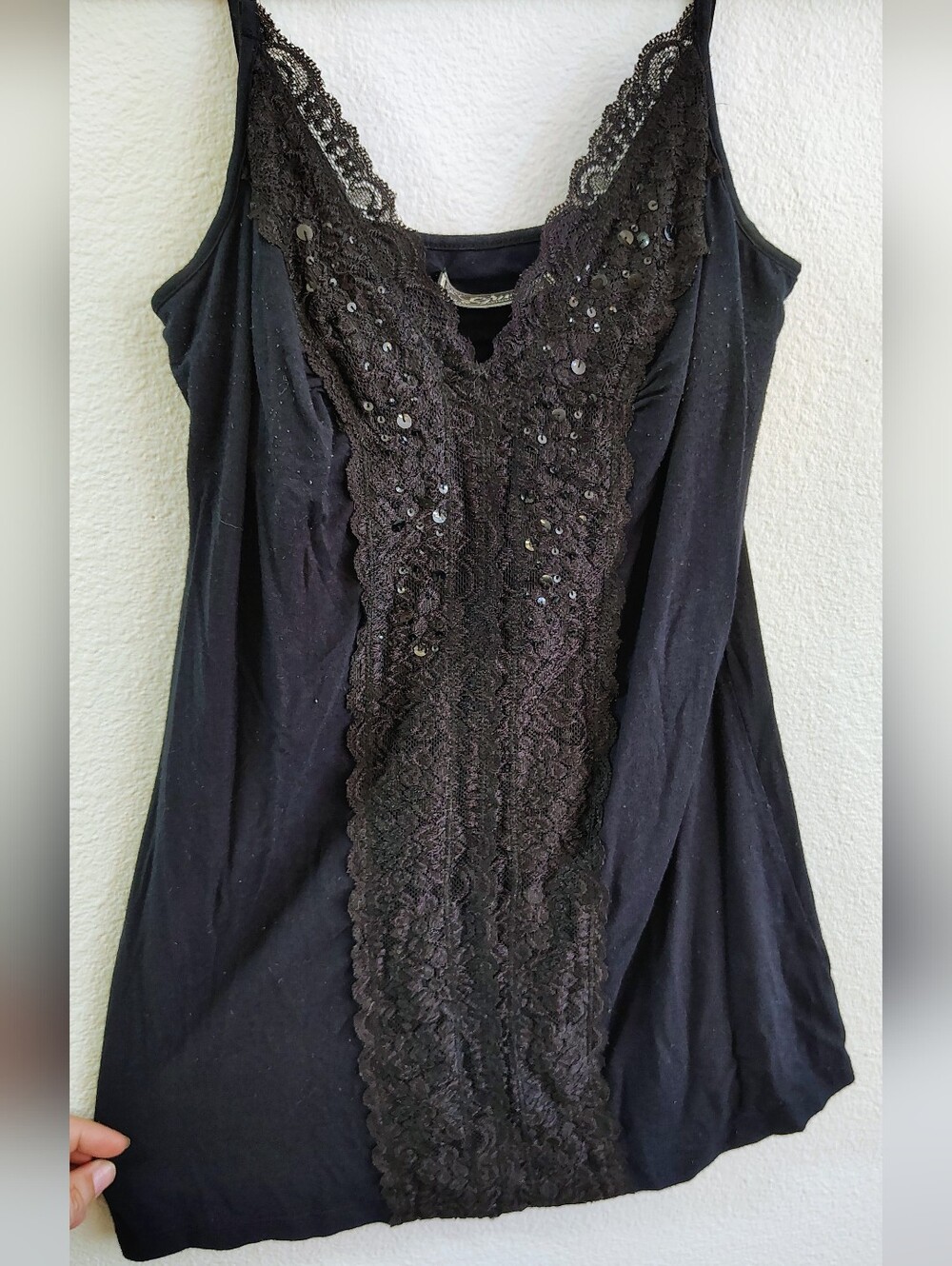 Adorable GUESS Black Tank Top with Lace & Bead Detail Down The Middle (L/XL)